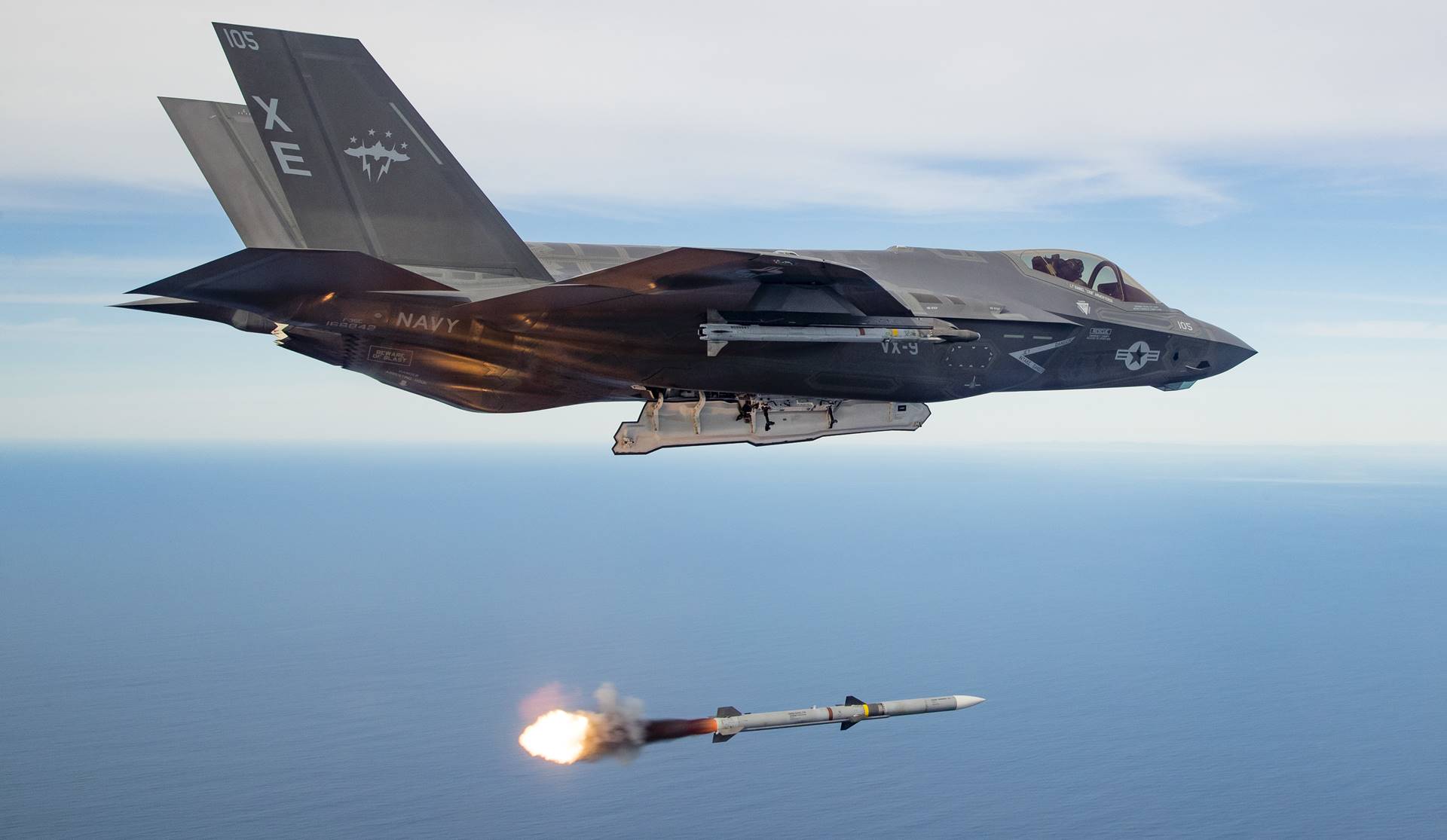 U.S. Navy Lt. Daniel "Crib" Armenteros piloted an F-35C Lightning II, assigned to Naval Air Station China Lake's Air Test and Evaluation Squadron Nine (VX-9), during the first live-fire test of an AIM-120 missile that was released from an operational Joint Strike Fighter. (U.S. Air Force photo by Christopher Okula/RELEASED)
