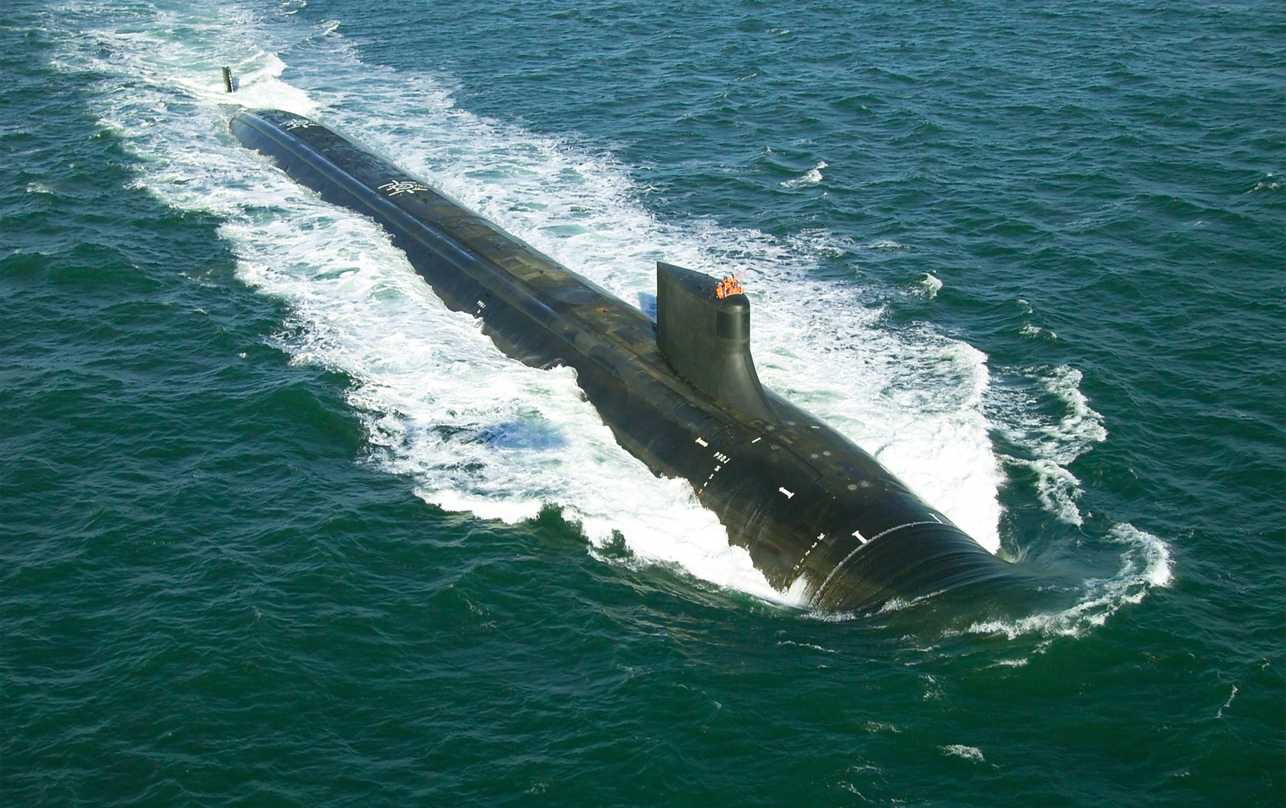 The nuclear-powered attack submarine USS Jimmy Carter (SSN 23) conducts sea trials off the coast of Groton, Connecticut, on Feb. 3, 2005. USS Jimmy Carter is the third and final submarine of the Seawolf class.